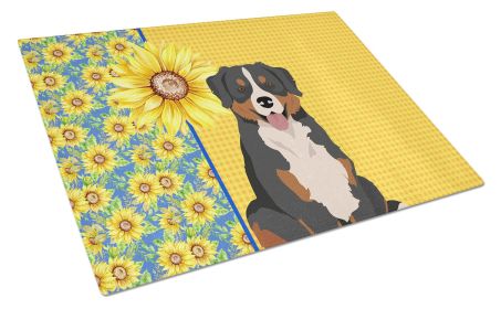 Summer Sunflowers Bernese Mountain Dog Glass Cutting Board Decorative Tempered Glass Kitchen Cutting and Serving Board Large Size Chopping Board